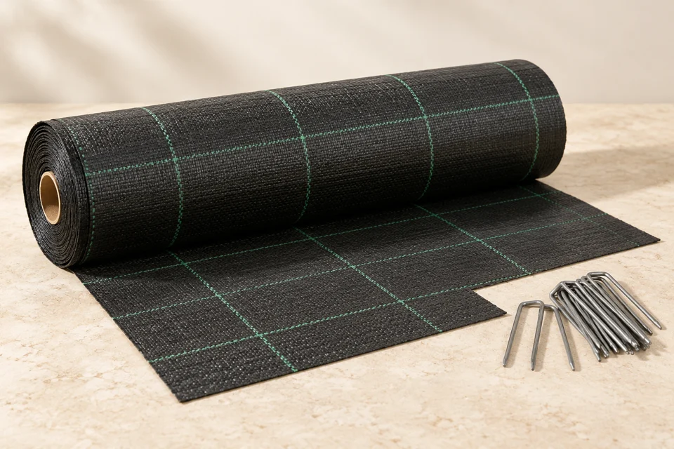 A roll of black woven weed-barrier fabric and metal ground staples