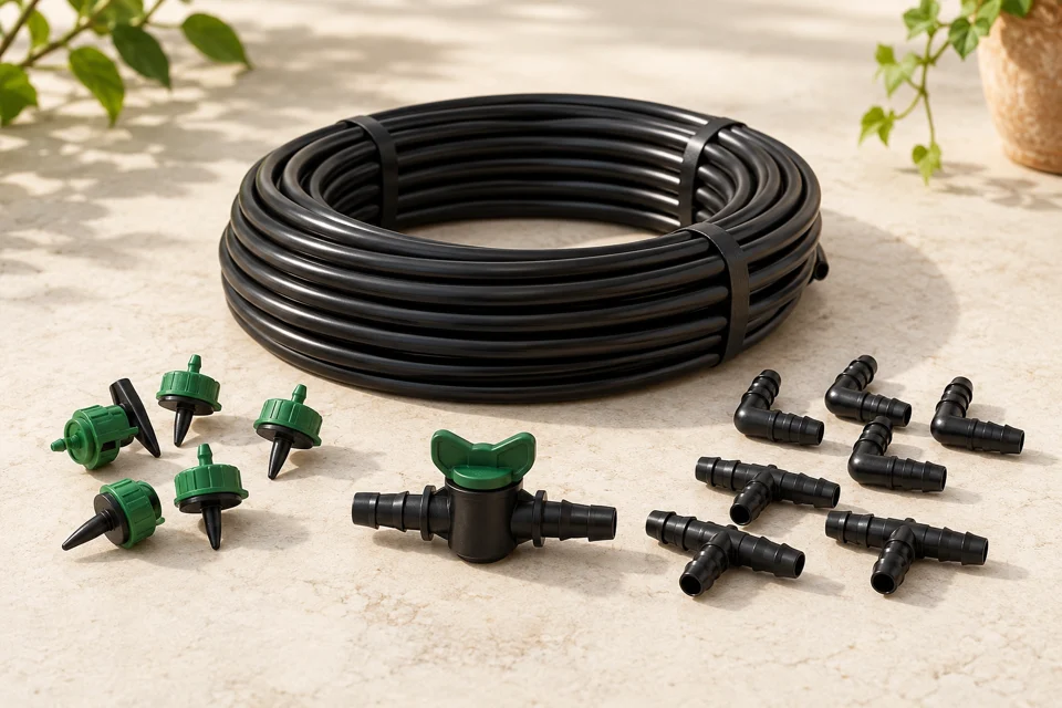 Coiled drip tubing with connectors, emitters and a valve