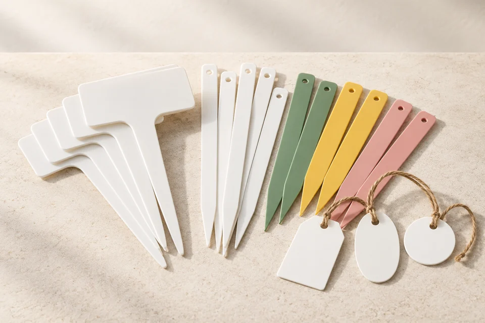 Blank white and colored plant markers and hanging tags