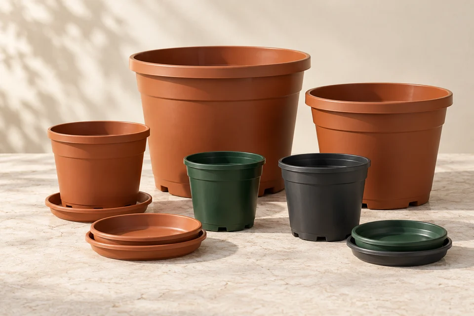 Plastic nursery pots and matching saucers in terracotta, green and black